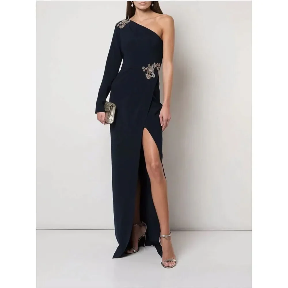 Marchesa Notte Navy One Shoulder Beaded Stretch Crepe Long Gown Size 2‎ NWT